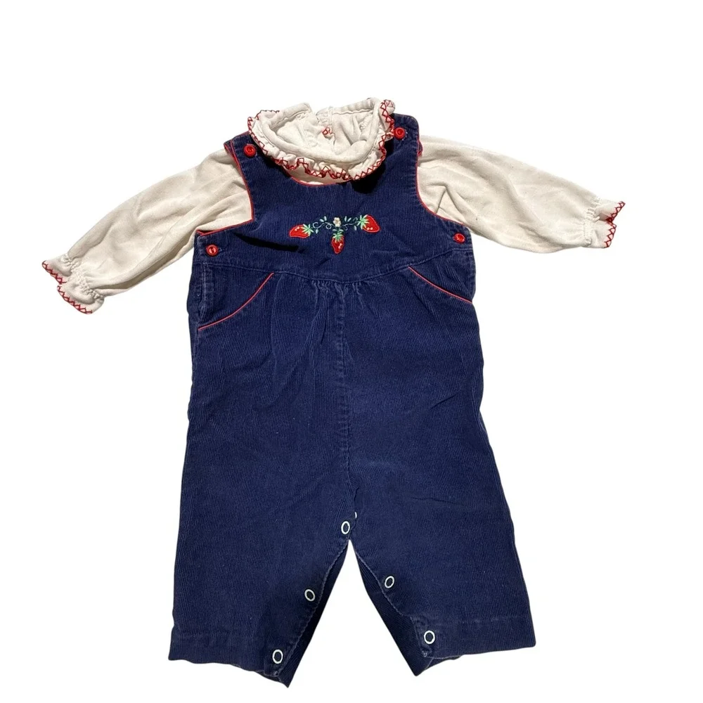 Vintage 70s/80s Baby Togs Navy Corduroy Strawberry Overalls Set 6-9 Months